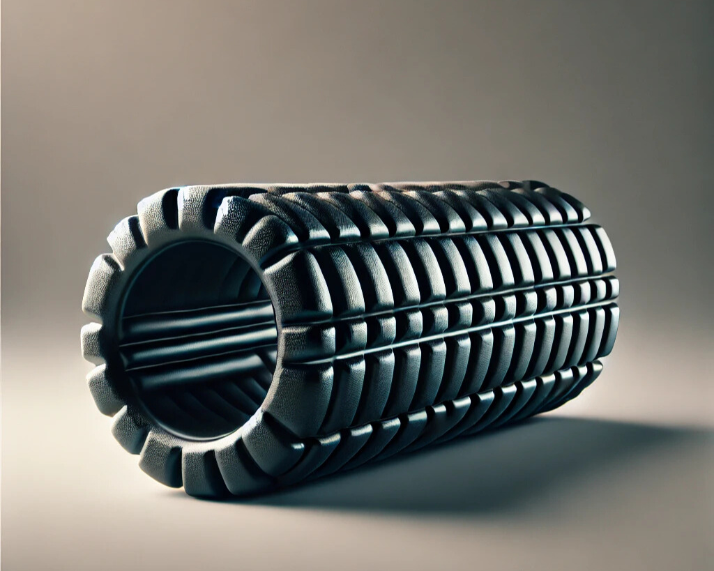 Textured foam roller for muscle massage and recovery, set against a minimalist background.