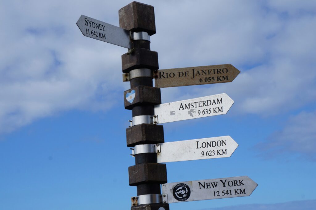 Travel direction signpost showing distances to cities like Sydney, Rio de Janeiro, Amsterdam, London, and New York.