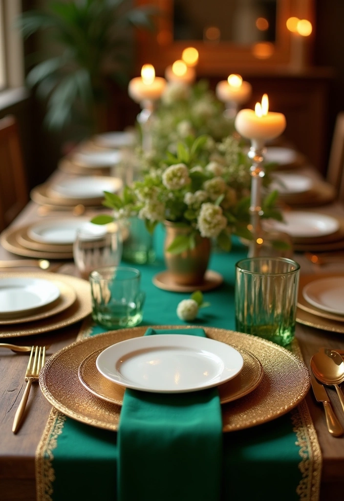 16 Best St. Patrick’s Day Party Decorations - 7. Green Table Runner with Gold Accents